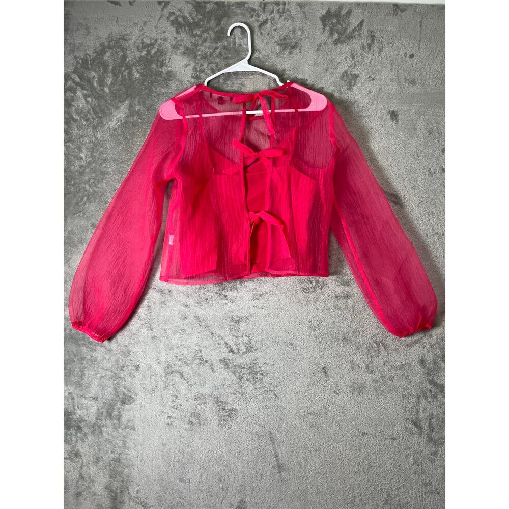 Lulus Hot Pink Sheer Tie Back Blouse Coquette Romantic Feminine Long Sleeve S - Picture 3 of 8